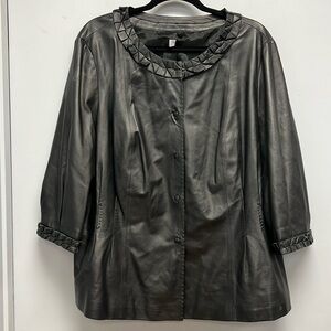 Saks Fifth Avenue Black Leather Jacket Braided Trim Snap Front Oversized